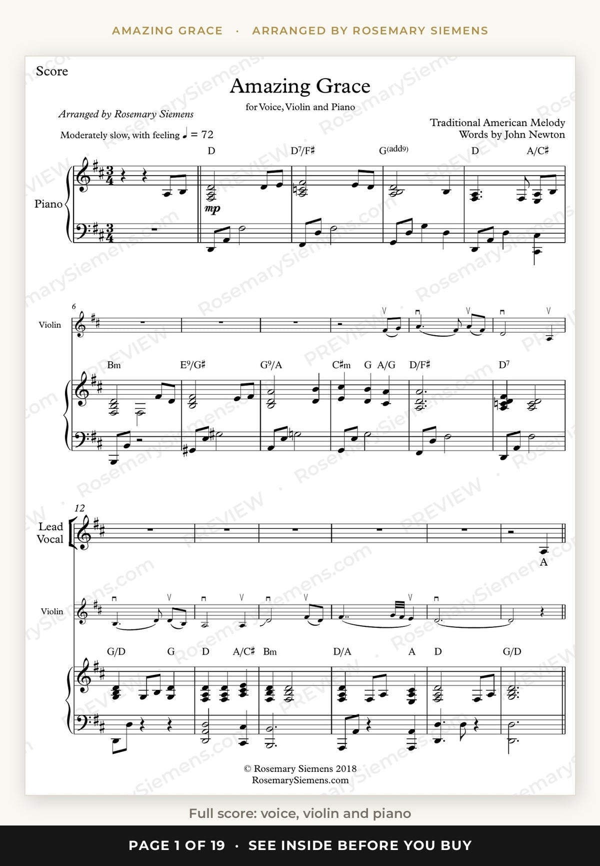 Amazing Grace sheet music page 1, full score for voice, violin and piano
