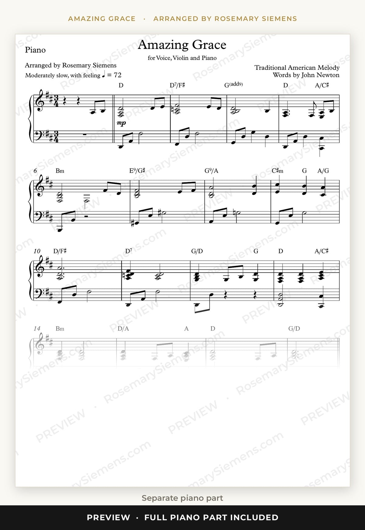 Amazing Grace piano part preview, arranged by Rosemary Siemens