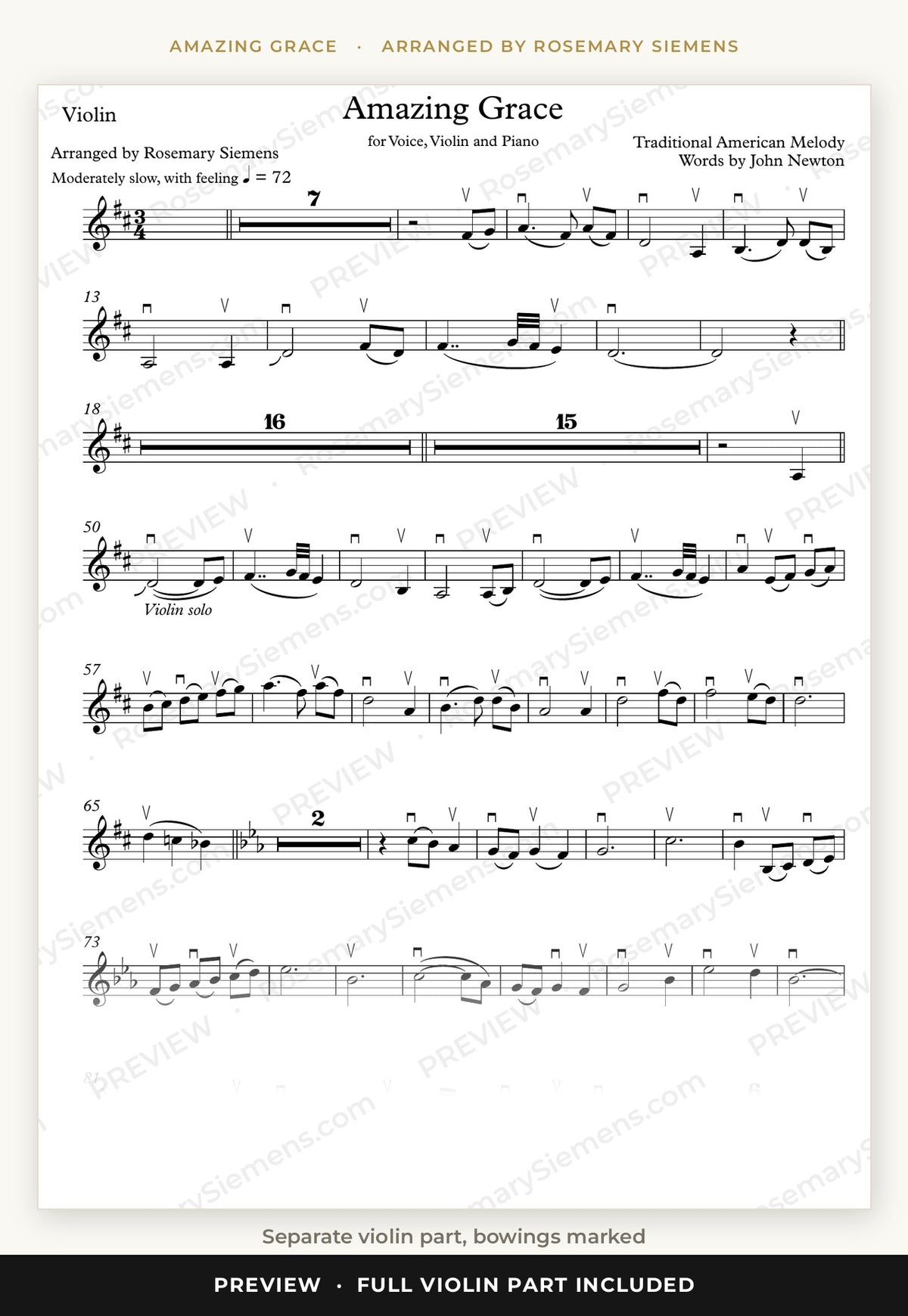 Amazing Grace violin part preview with bowings marked