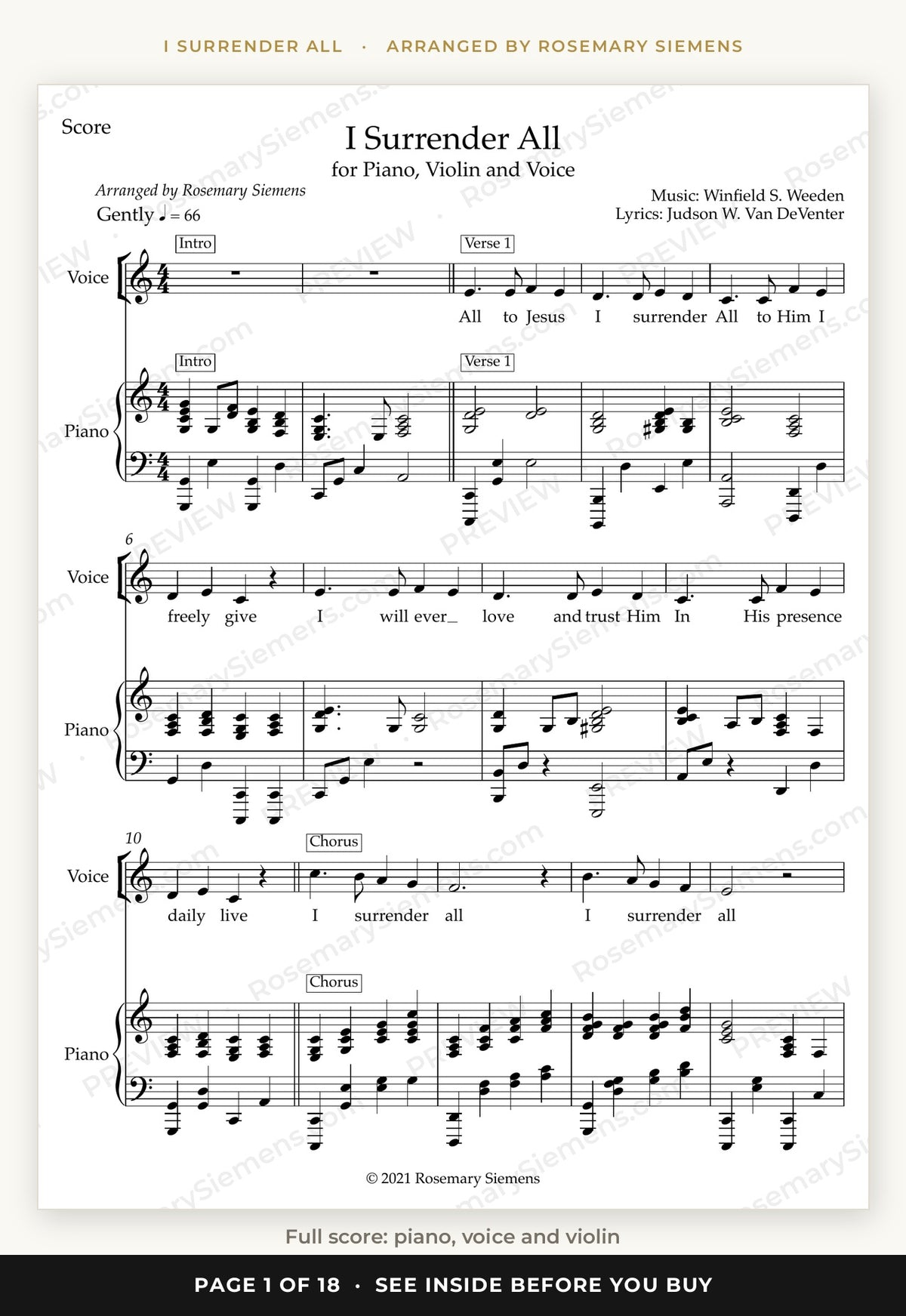 I Surrender All sheet music page 1, full score for piano, voice and violin