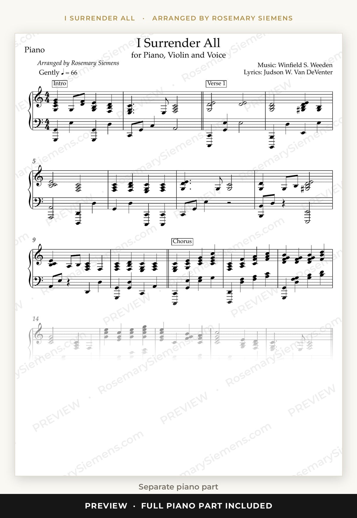 I Surrender All piano part preview, arranged by Rosemary Siemens