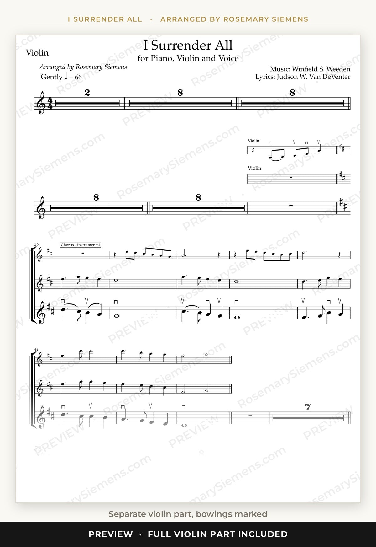 I Surrender All violin part preview with bowings marked