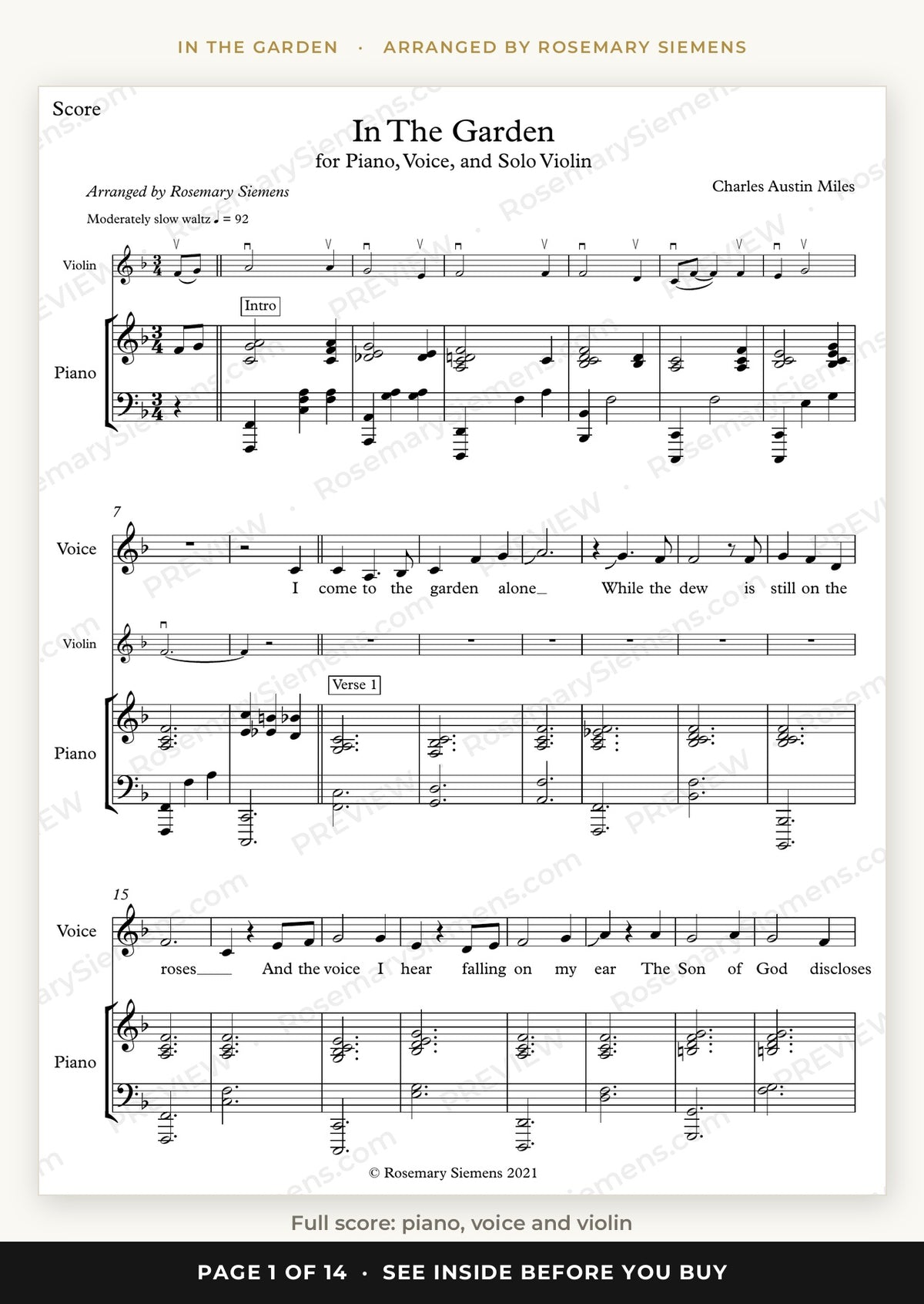 In The Garden sheet music page 1, full score for piano, voice and violin