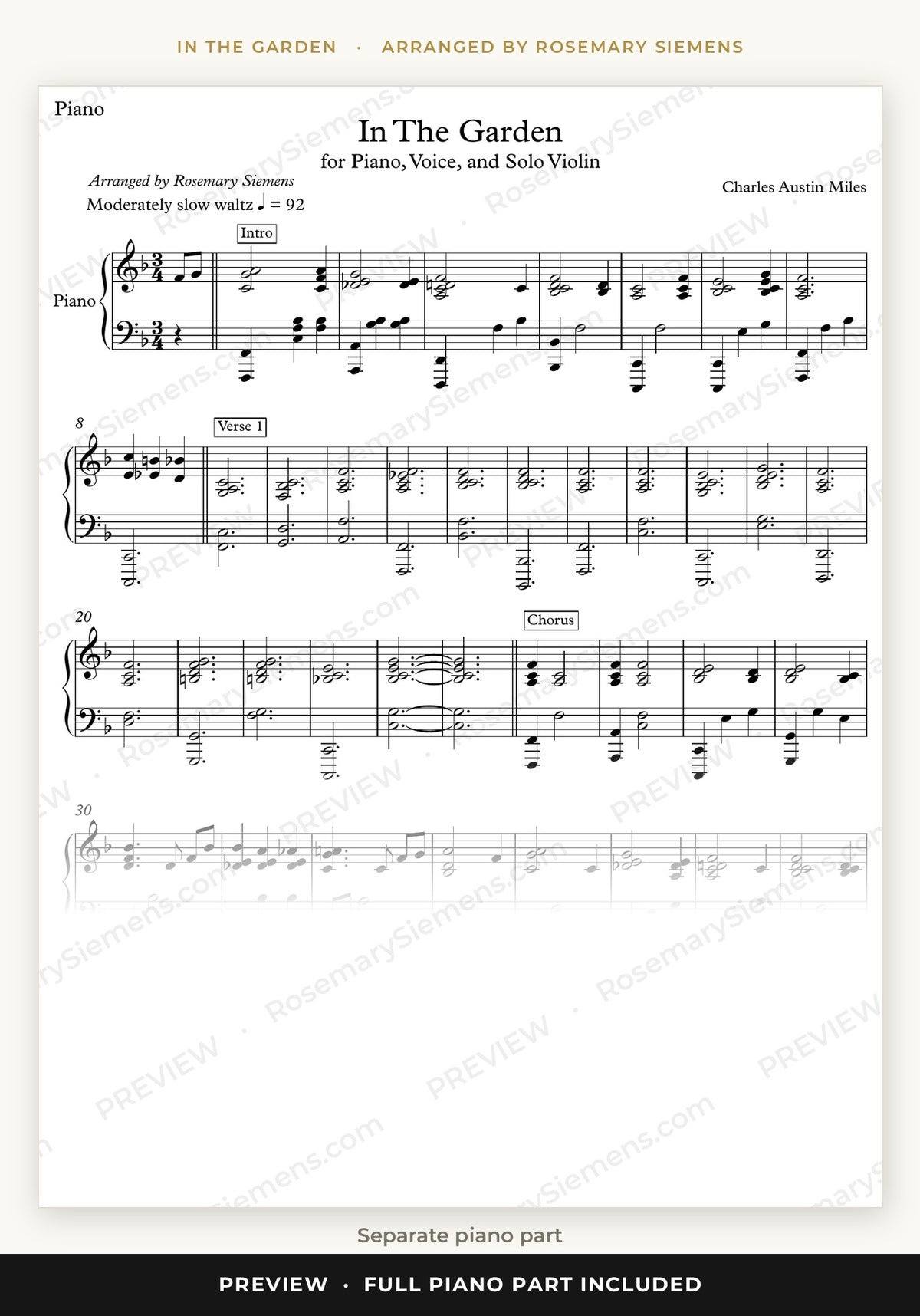 In The Garden piano part preview, arranged by Rosemary Siemens