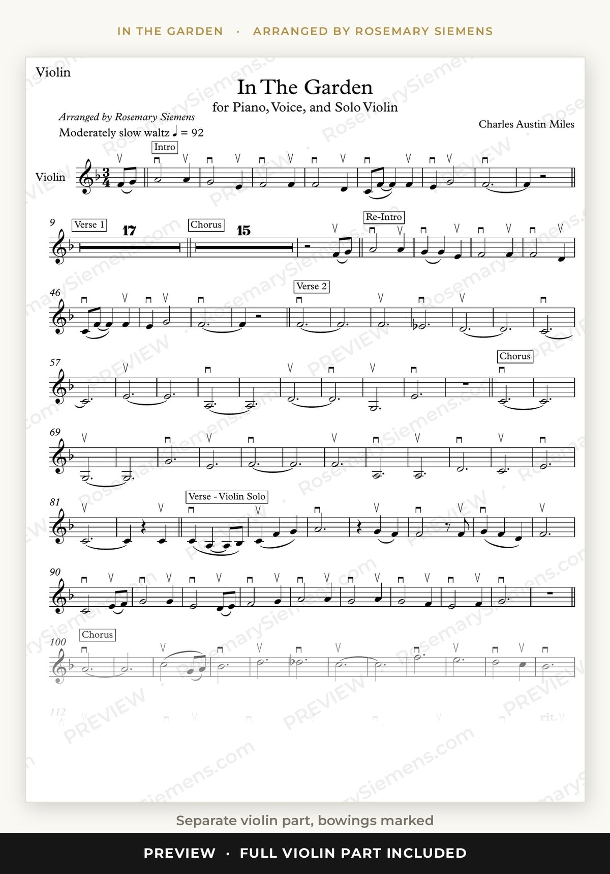 In The Garden violin part preview with bowings marked