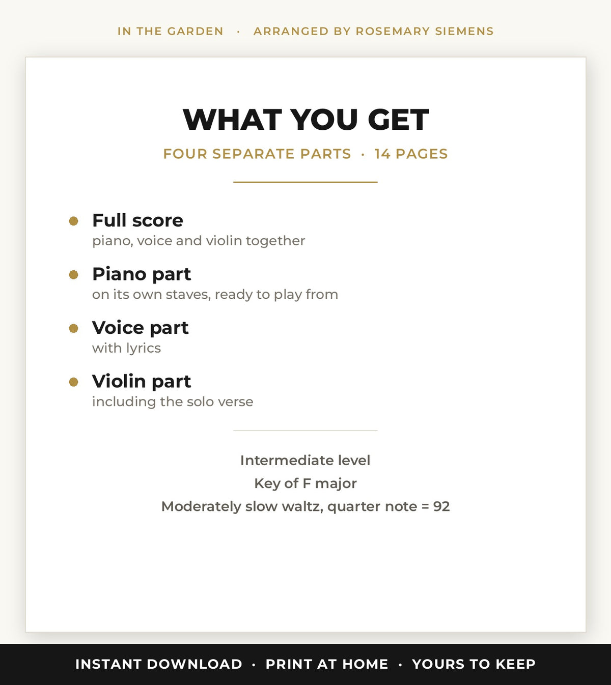 In The Garden sheet music contents, four separate parts across 14 pages
