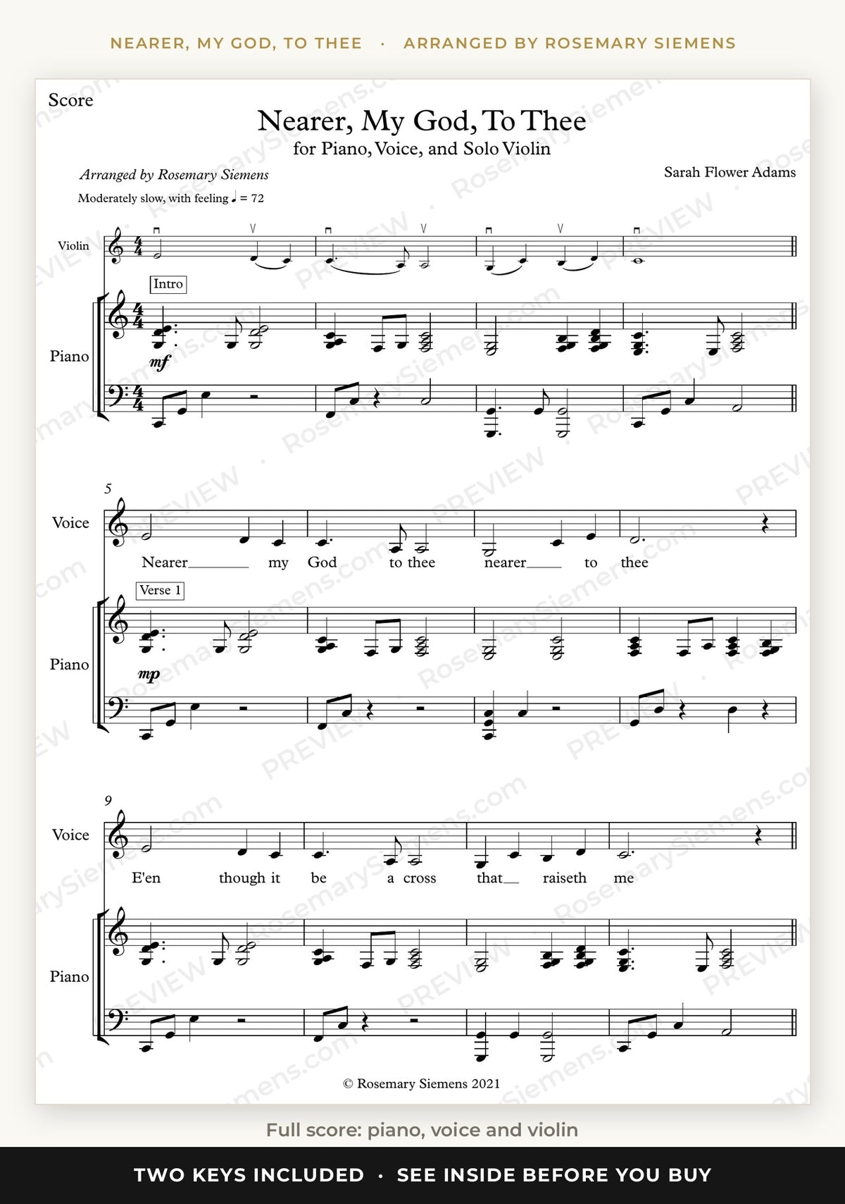 Nearer, My God, To Thee sheet music page 1, full score for piano, voice and violin