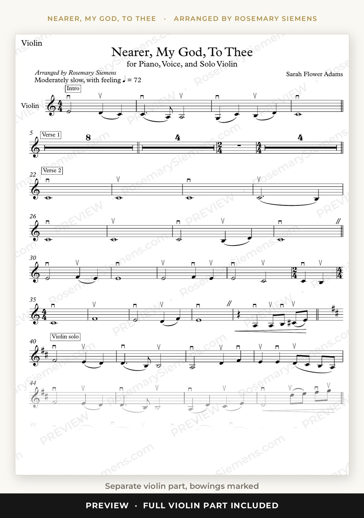 Nearer, My God, To Thee violin part preview with bowings marked
