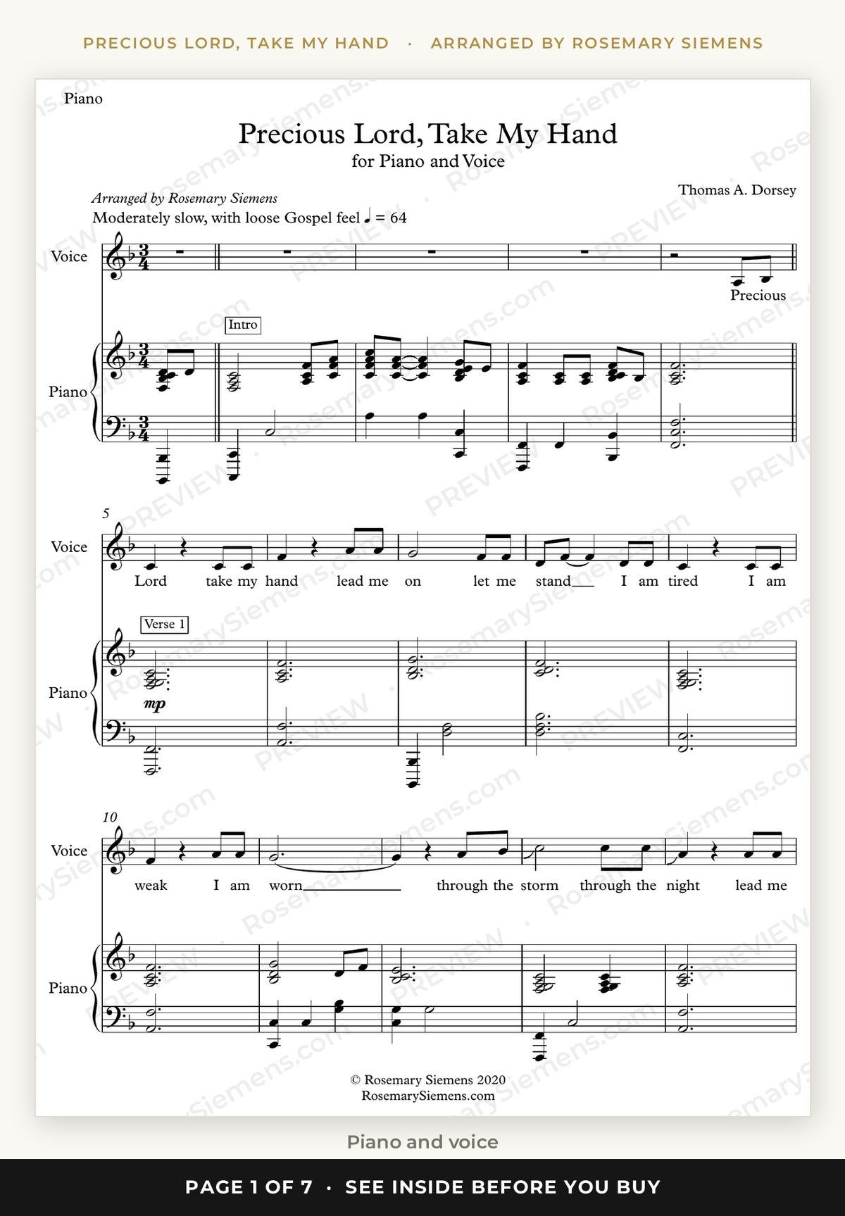 Precious Lord, Take My Hand sheet music page 1, piano and voice