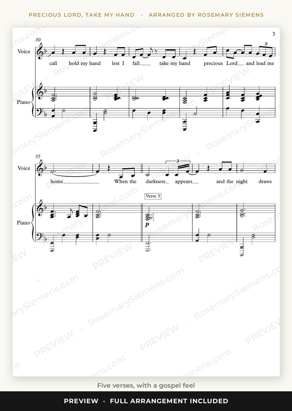 Precious Lord, Take My Hand sheet music preview, five verses with gospel feel