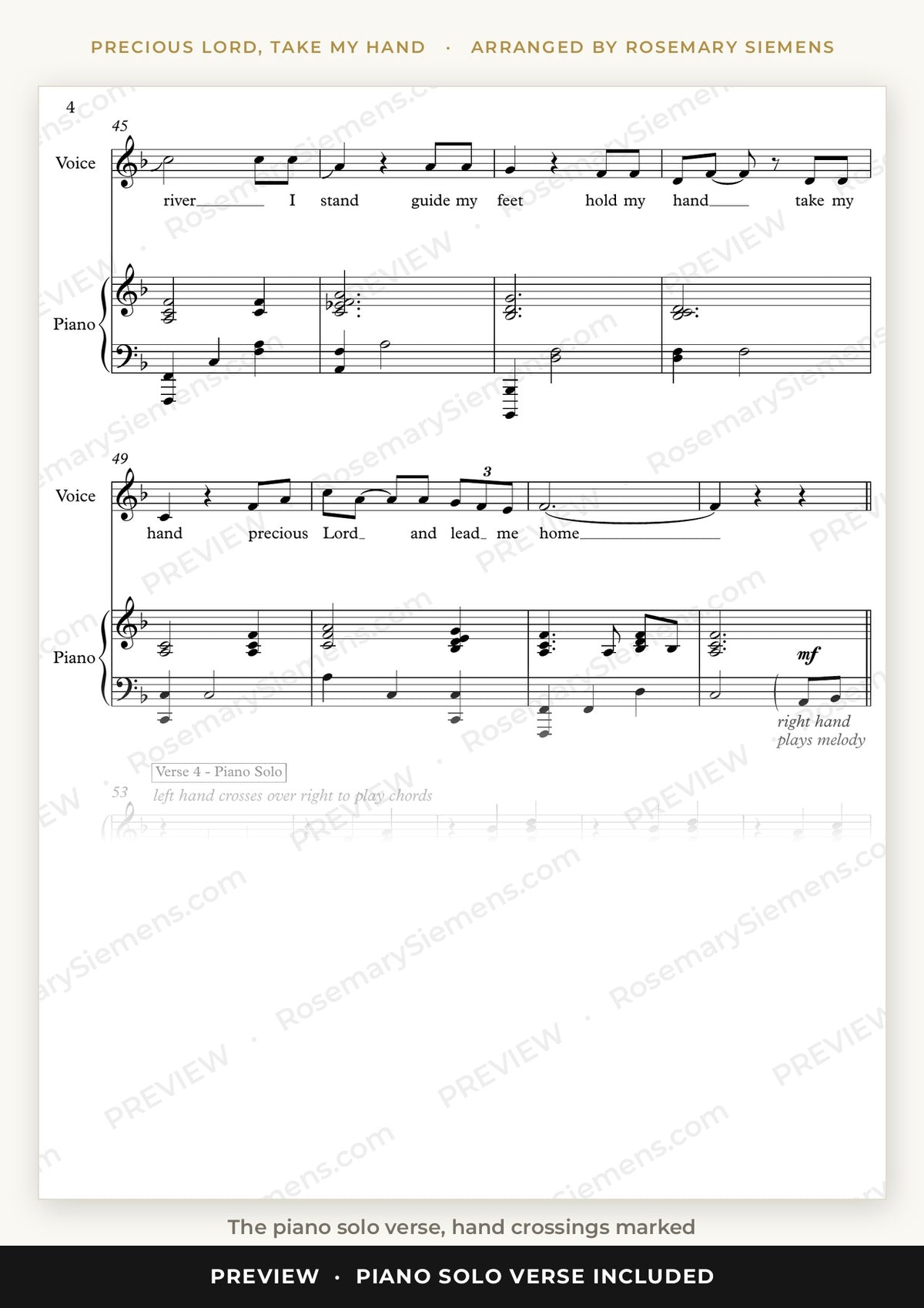 Precious Lord, Take My Hand piano solo verse with hand crossings marked
