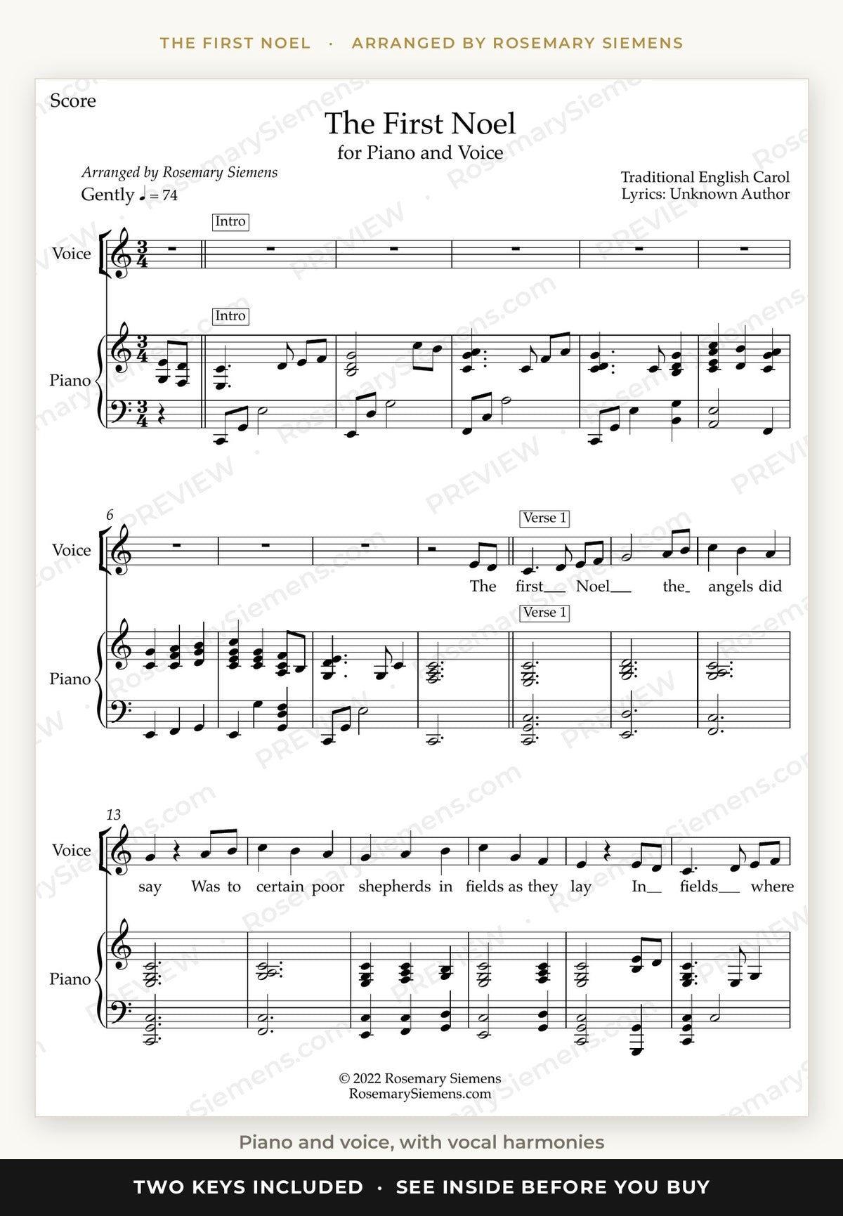 The First Noel sheet music page 1, piano and voice with vocal harmonies