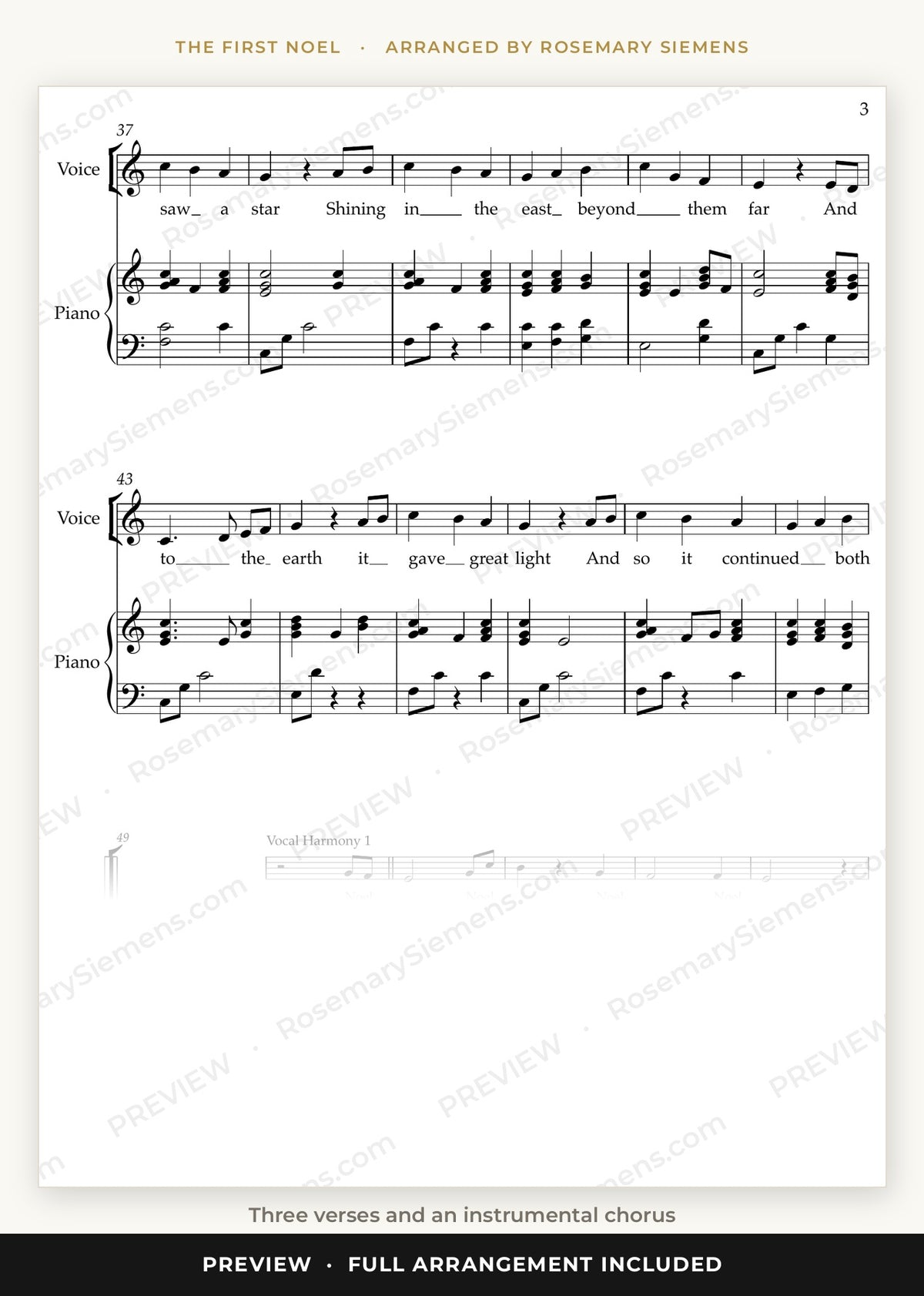 The First Noel sheet music preview, three verses and an instrumental chorus