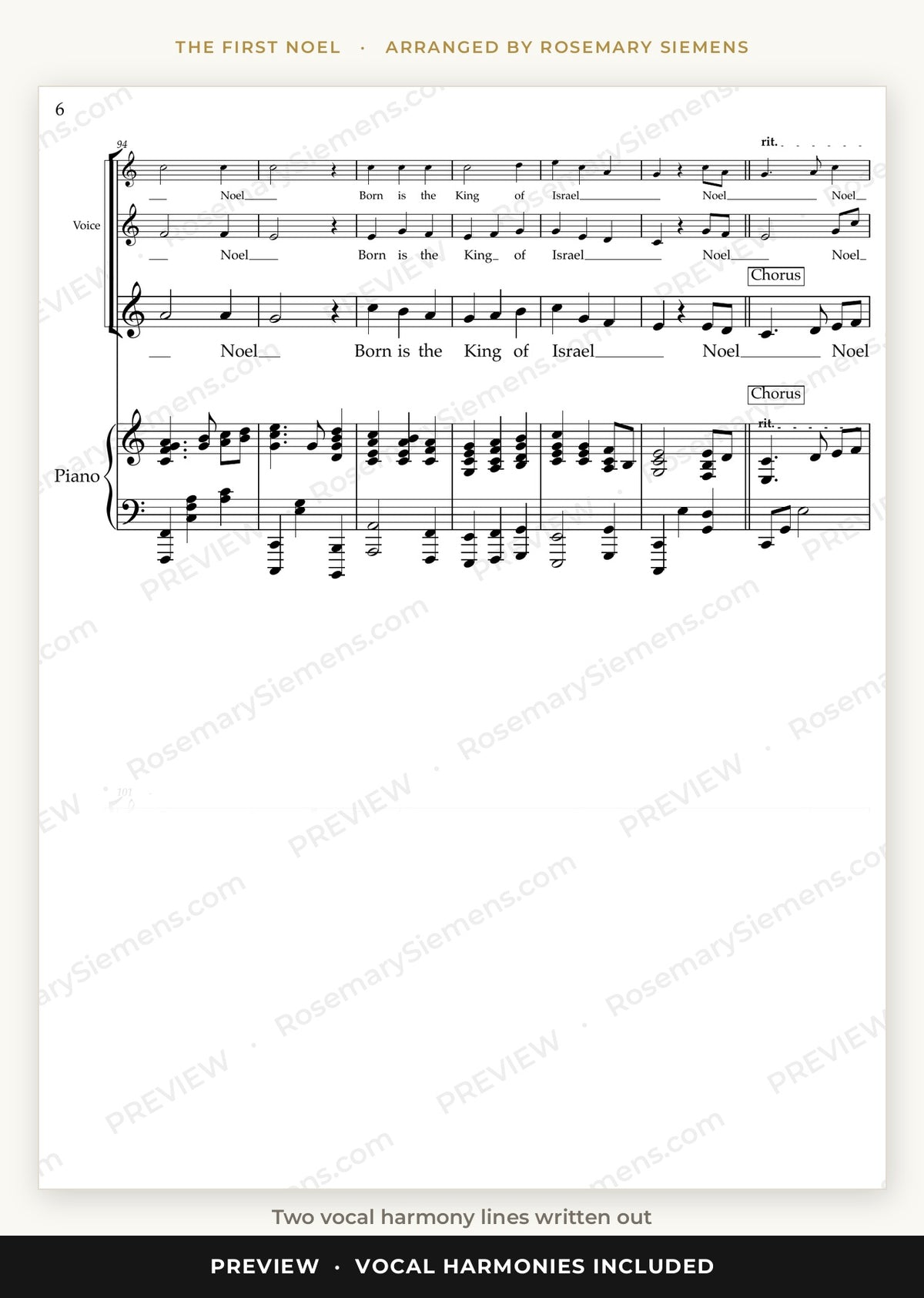 The First Noel vocal harmony lines written out for a trio or choir